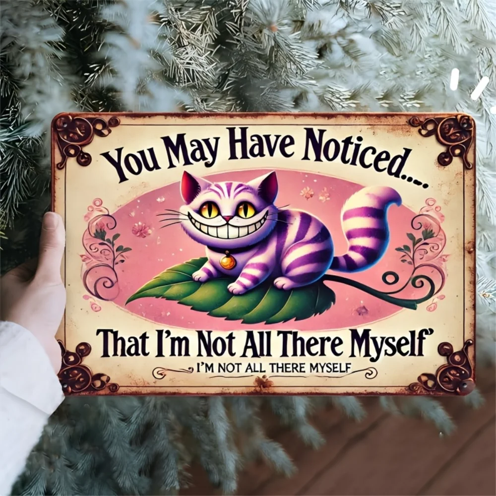 Blaszana tabliczka Cheshire Cat — retro znak ścienny vintage do kawiarni i domu Biały