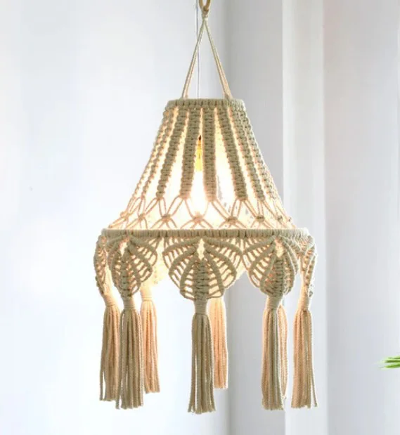 Boho abażur z makramy tkany – lampa wisząca w stylu nordyckim Fioletowo szary