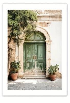 Boho Plakat Zielone Drzwi Mallorca Drzewo Oliwne Kwiaty Dekoracja żółty
