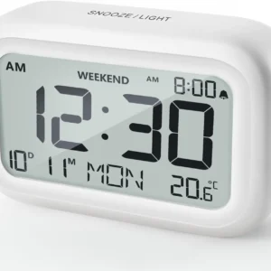 Budzik LCD z kalendarzem temperaturą i wilgotnością na biurko Biały