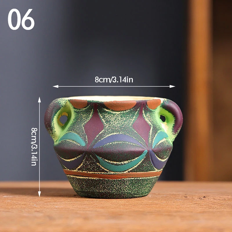 Ceramiczna doniczka retro ręcznie malowana — do sukulentów i dekoracji Jasnoszary