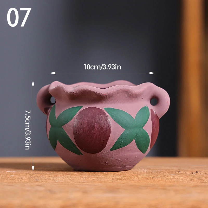 Ceramiczna doniczka retro ręcznie malowana — do sukulentów i dekoracji Zielony