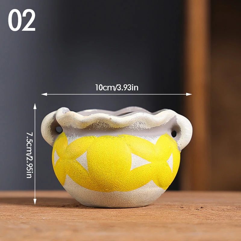 Ceramiczna doniczka retro ręcznie malowana — do sukulentów i dekoracji żółty