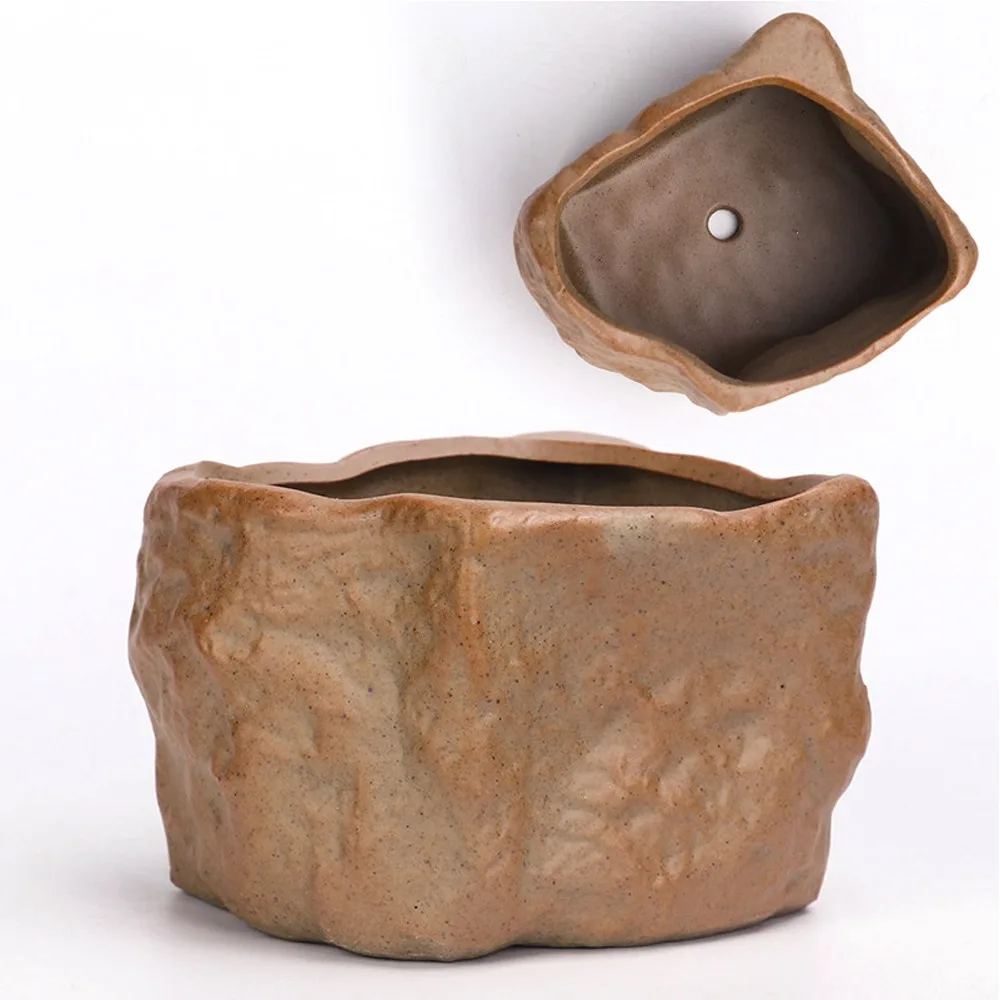Ceramiczna doniczka na sukulenty w kształcie kamienia z otworem drenażowym Jasnoszary