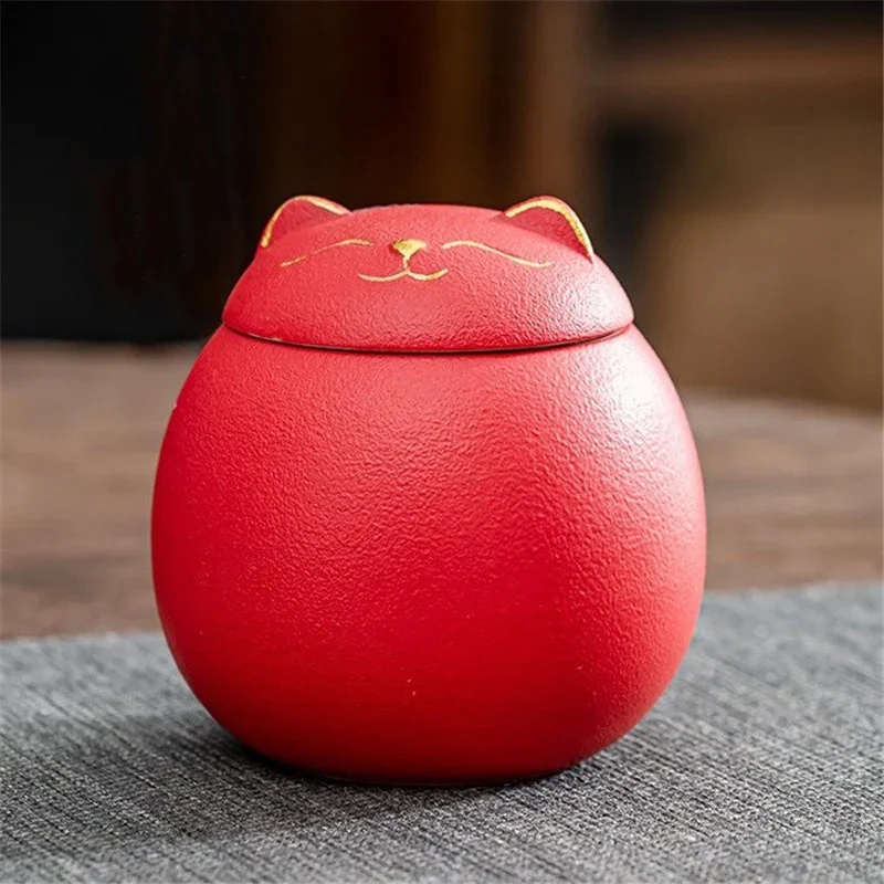 Ceramiczna puszka na herbatę z kotkiem na szczęście Jasnożółty