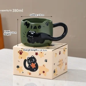 Ceramiczne kubki do kawy z kotem - układane (zestaw) Zielony
