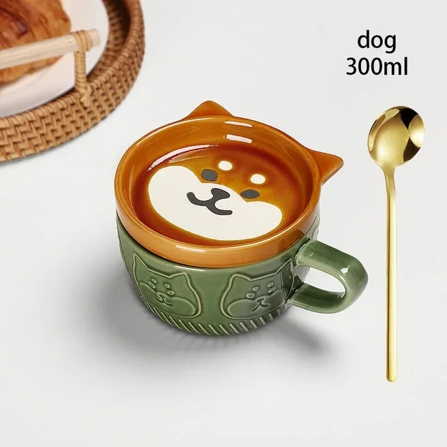 Ceramiczny kubek z kotem i pokrywką YWDL Niebieski