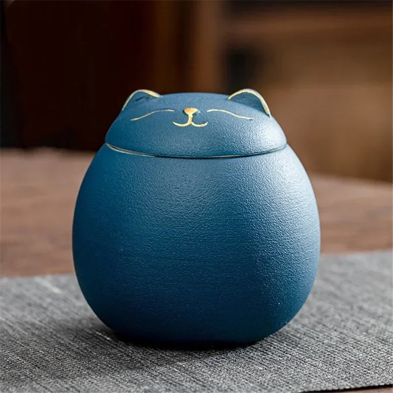Ceramiczny pojemnik na herbatę z kotem 230 ml Niebieski