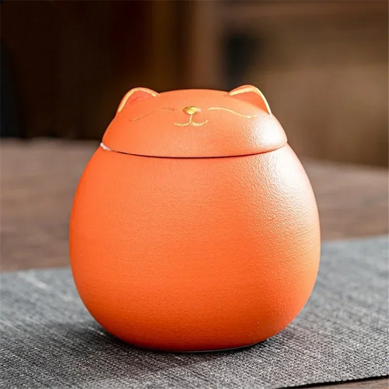 Ceramiczny pojemnik na herbatę z kotem 230 ml Pomarańczowy