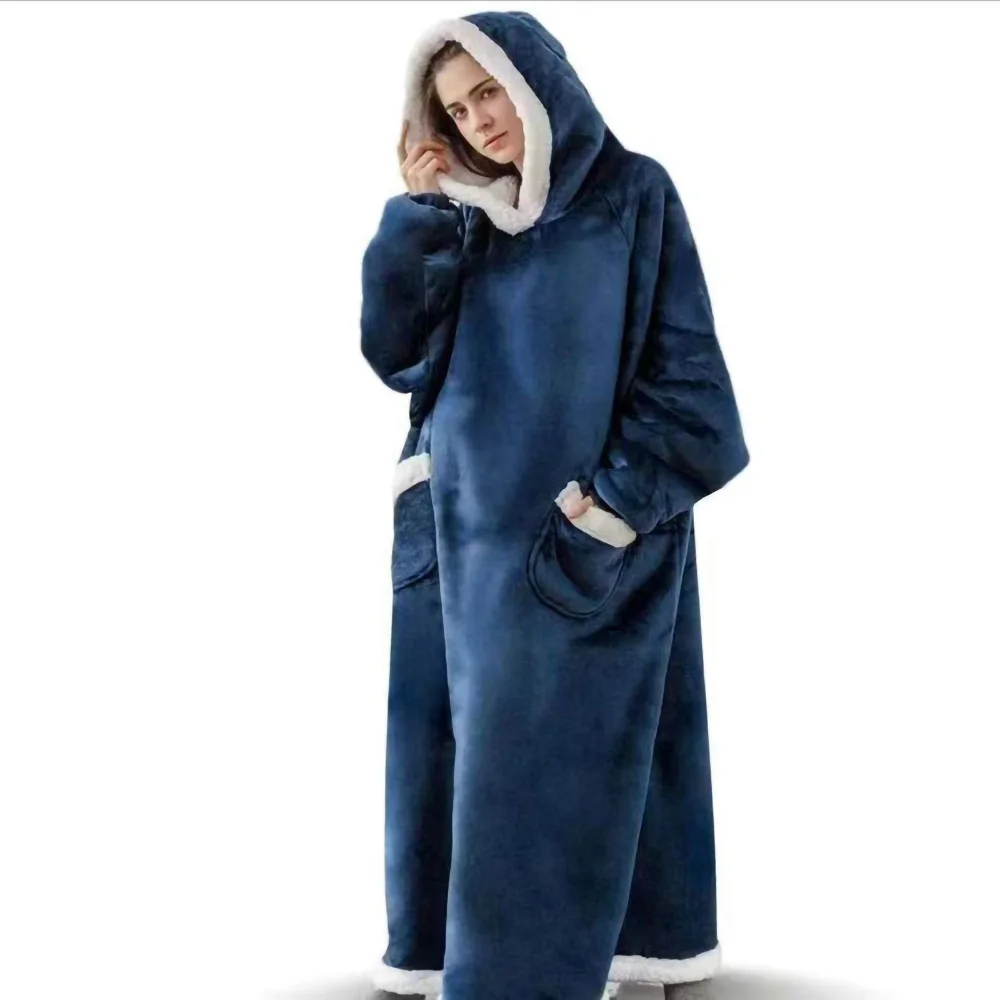 Ciepły koc z kapturem i kieszenią — gruby plusz hoodie do owijania Niebieski