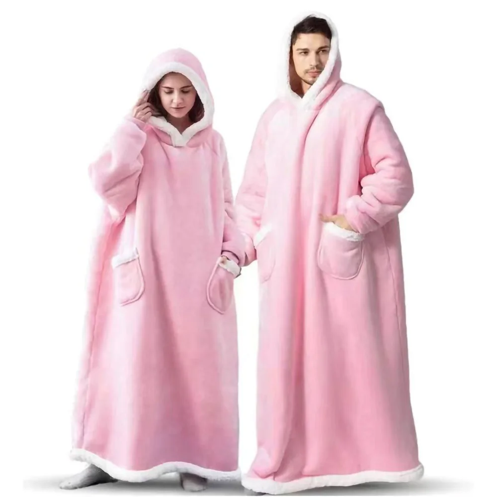 Ciepły koc z kapturem i kieszenią — gruby plusz hoodie do owijania Różowy
