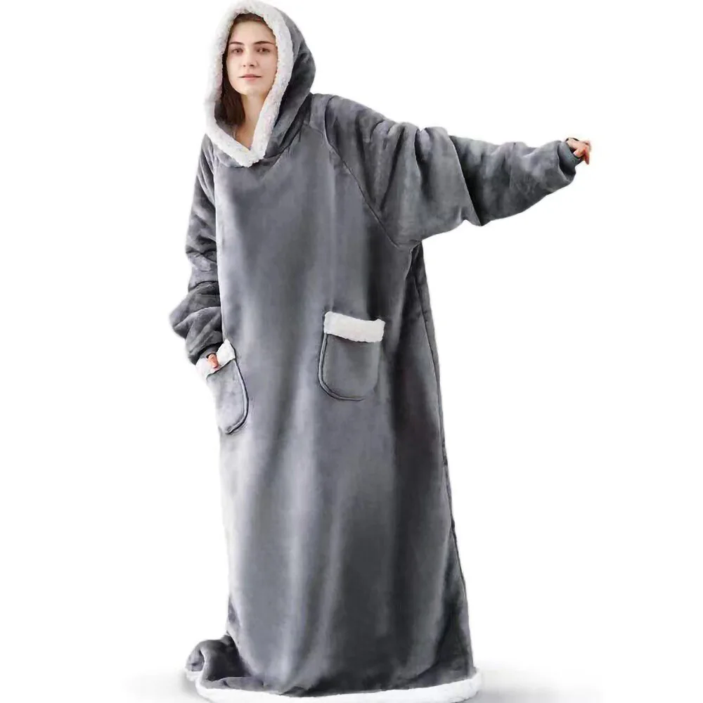 Ciepły koc z kapturem i kieszenią — gruby plusz hoodie do owijania Szary