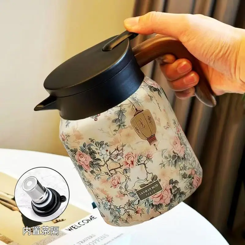 Czajnik termiczny 1000 ml z kwiatowym wzorem i zaparzaczem żółty