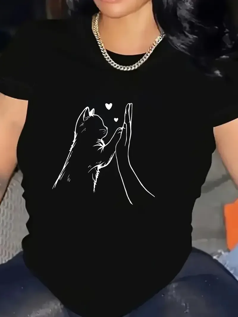 Damski t-shirt z nadrukiem kociej łapki i serca Beżowy