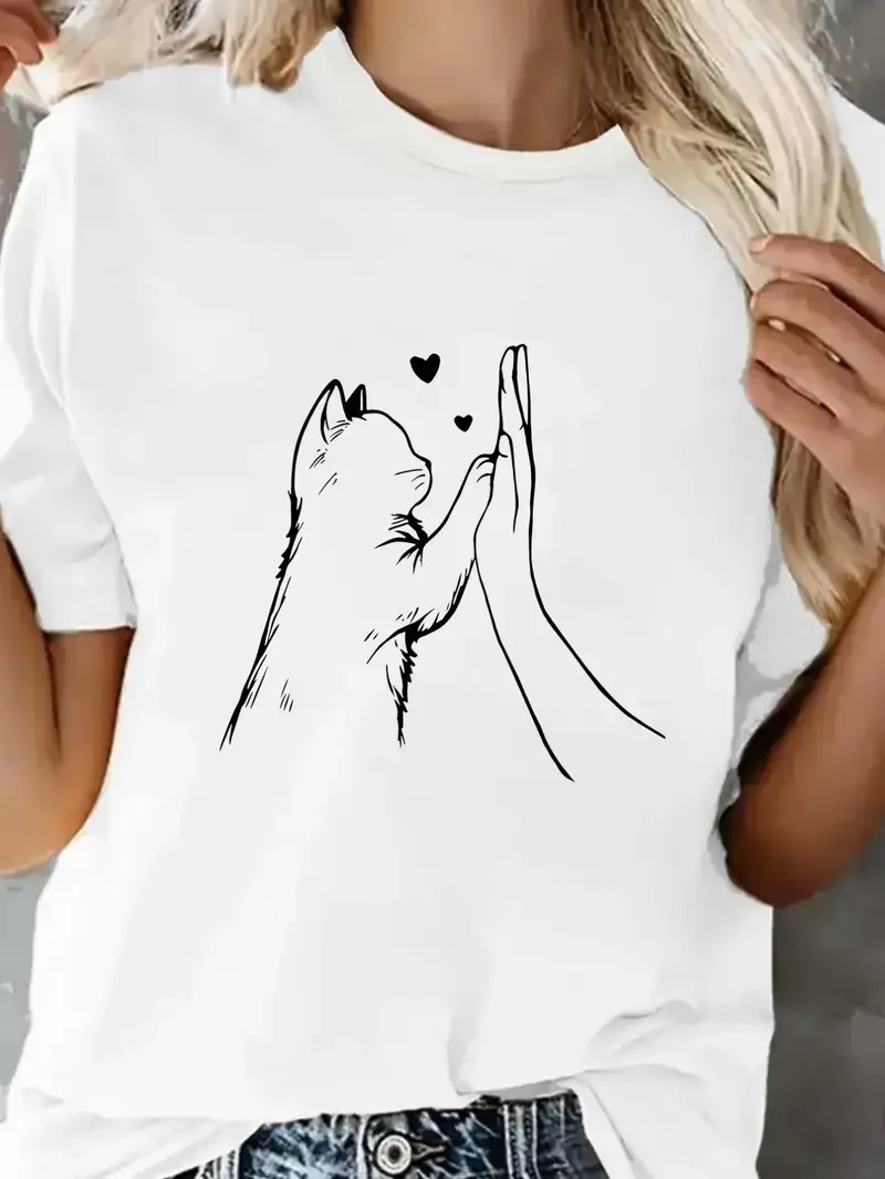 Damski t-shirt z nadrukiem kociej łapki i serca Czarny