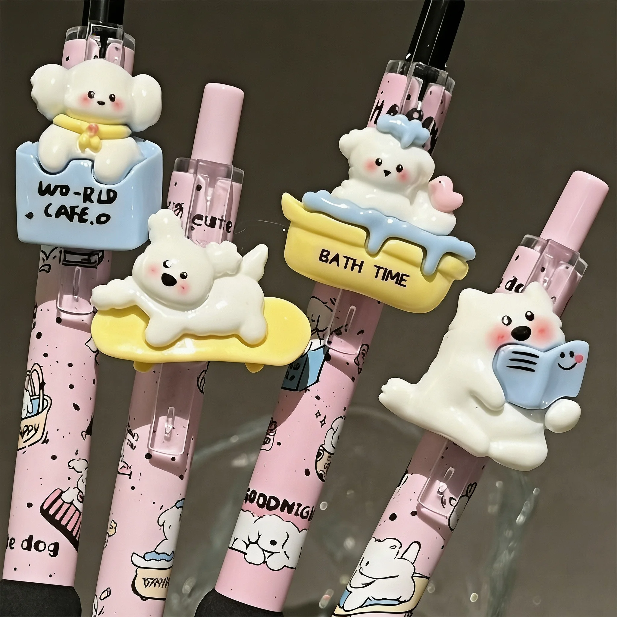 Długopisy żelowe Kawaii z kotem, czarny tusz 0,5 mm, 4 szt. żółty