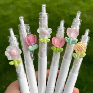 Zestaw 2 długopisów żelowych kawaii z motywem kwiatowym ST tip Czarny