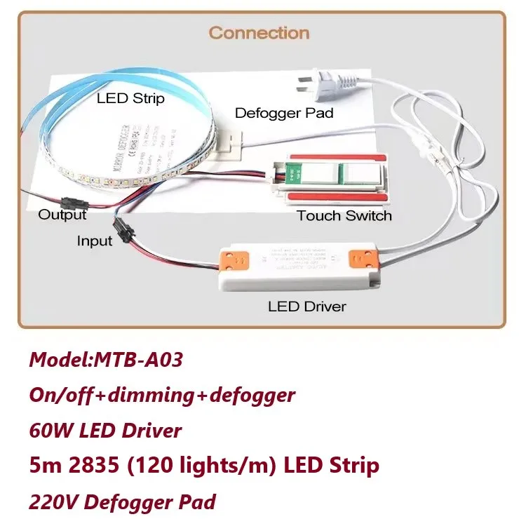 Dotykowy włącznik LED do lustra z funkcją antymgielną A03 2835 led suit