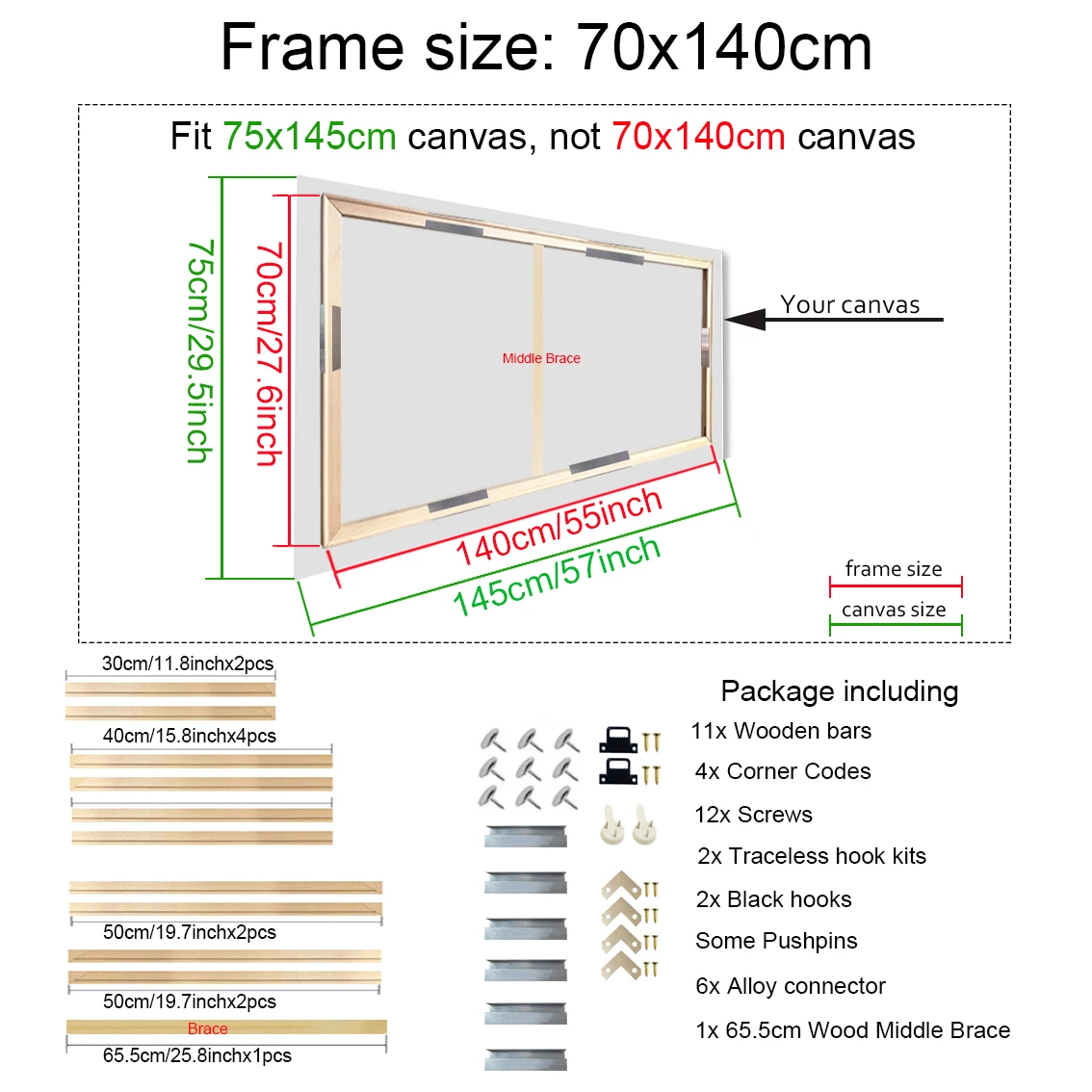Drewniana rama do płótna dużego formatu – 70x140 cm i inne rozmiary Biały