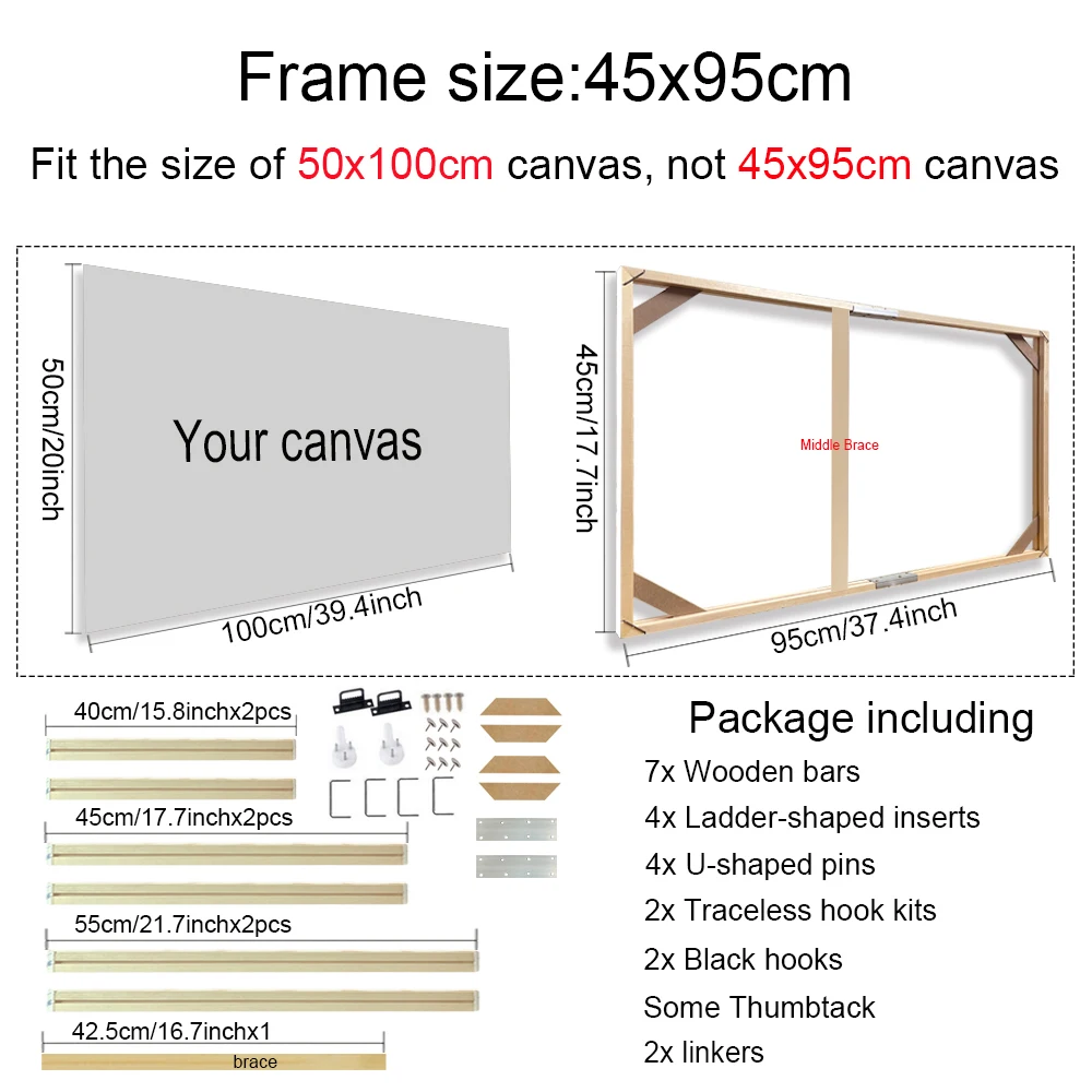 Drewniana rama do płótna malarskiego 45x95 50x100 cm – do obrazów i diamentowego malowania Biały