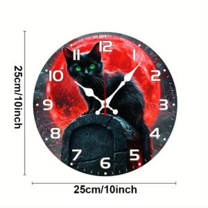 Drewniany zegar ścienny z kotem i krwawym księżycem – gothic dekoracja Wielo