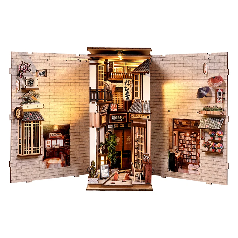 Drewniany zestaw DIY Book Nook — miniaturowy domek kota do samodzielnego złożenia Jasny brąz