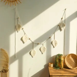 Duża makrama ścienna boho z liściem i frędzlami – dekoracja do salonu Macrame m
