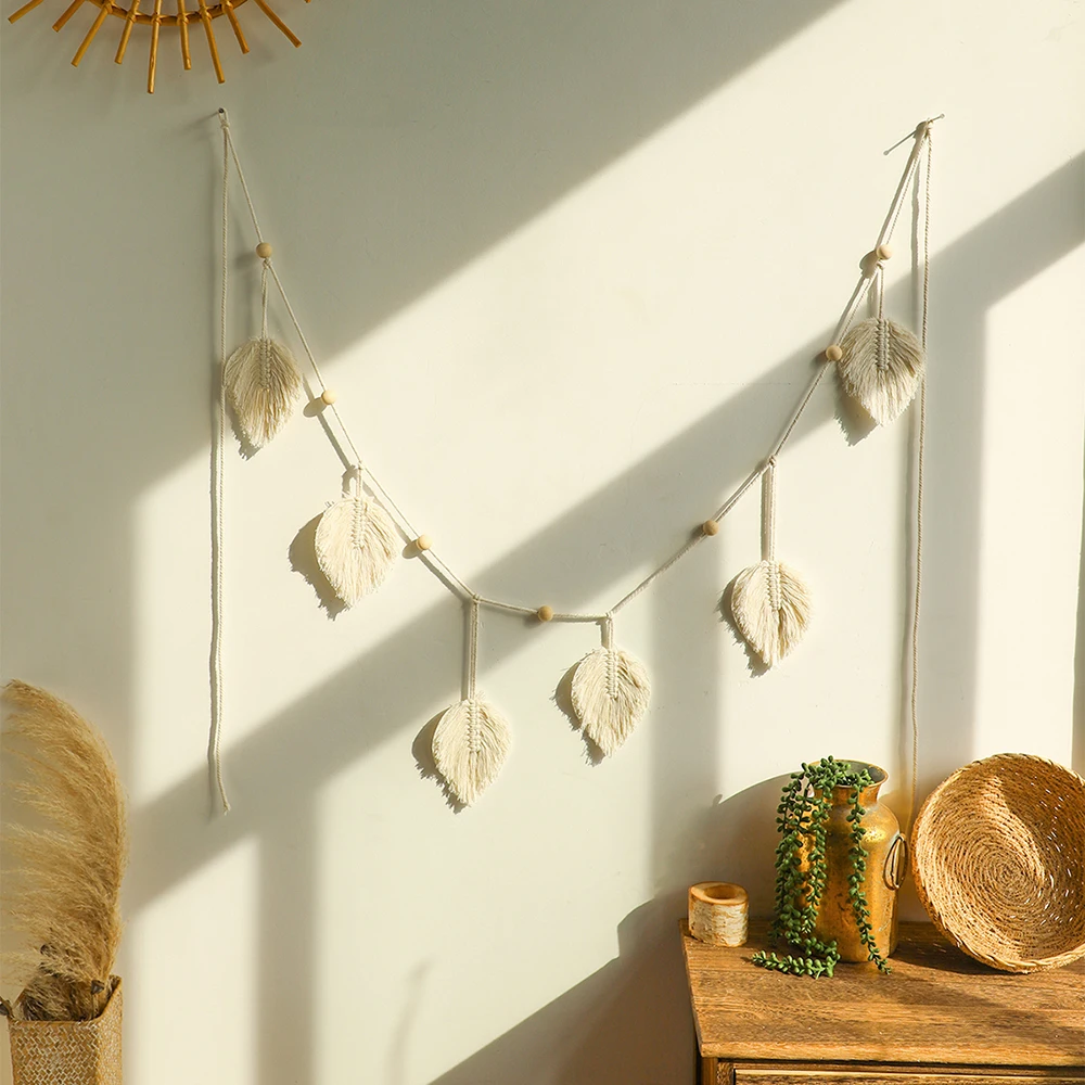 Duża makrama ścienna boho z liściem i frędzlami – dekoracja do salonu Macrame m