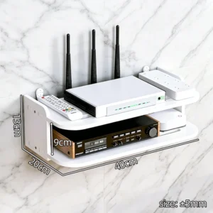 Dwupoziomowa półka ścienna bez wiercenia — organizer na router i kable Burgundia