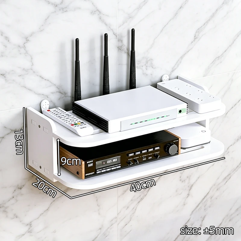 Dwupoziomowa półka ścienna bez wiercenia — organizer na router i kable Burgundia