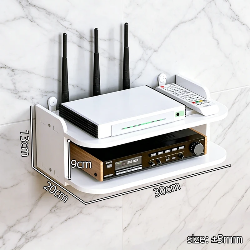 Dwupoziomowa półka ścienna bez wiercenia — organizer na router i kable Jasny