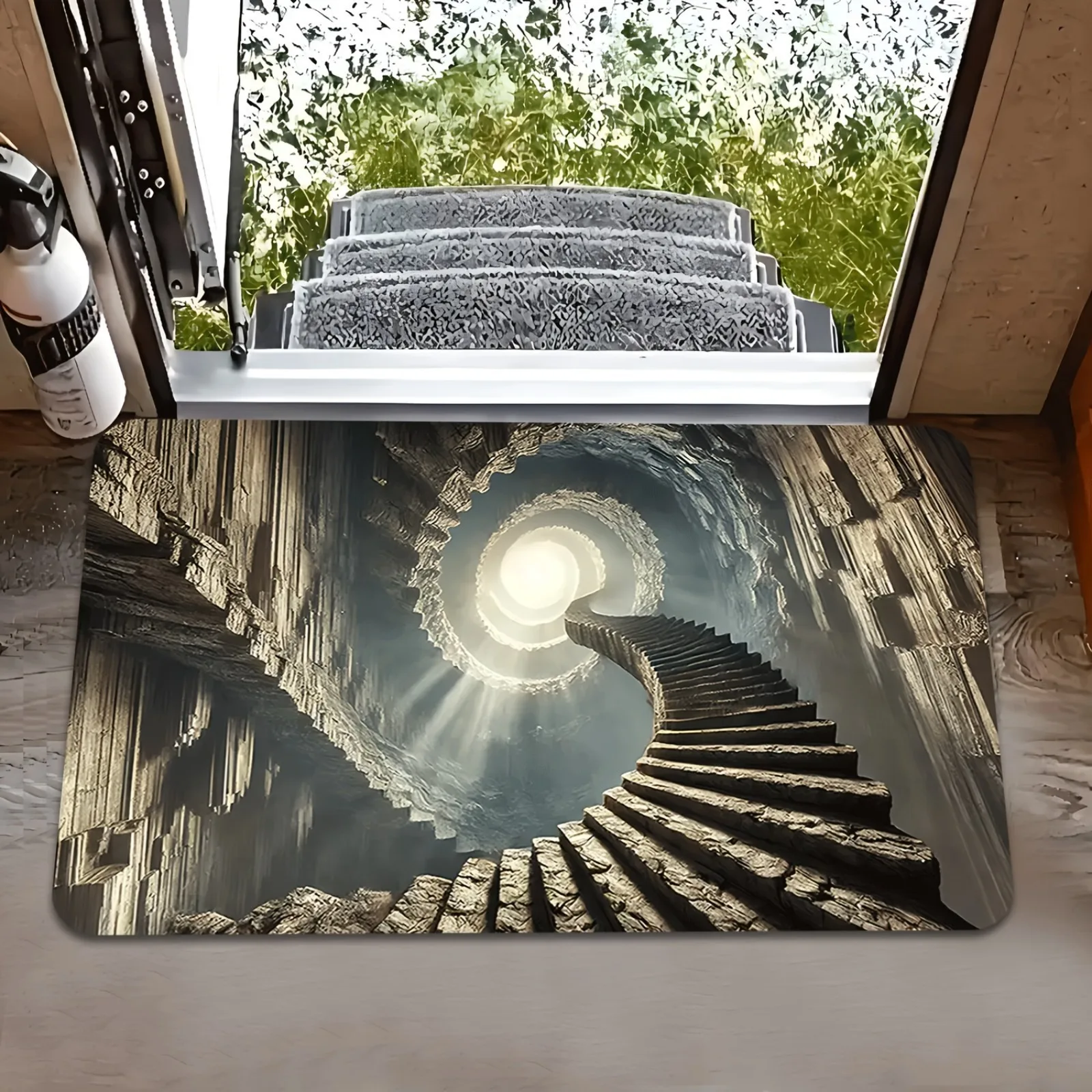 Dywan z iluzją 3D — wzór kamiennej otchłani do salonu i przedpokoju Zielony