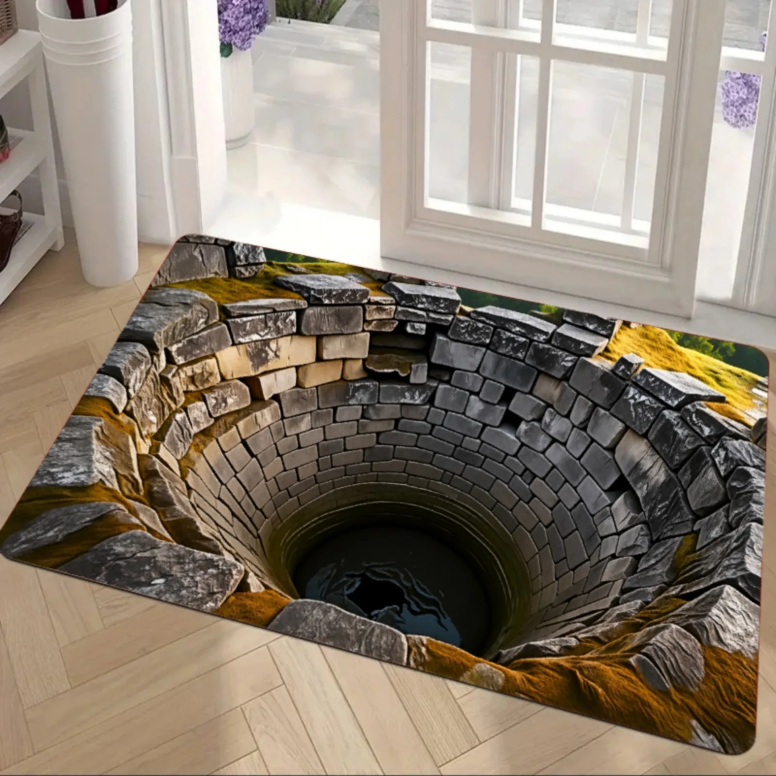 Dywan z iluzją 3D — wzór kamiennej otchłani do salonu i przedpokoju żółty