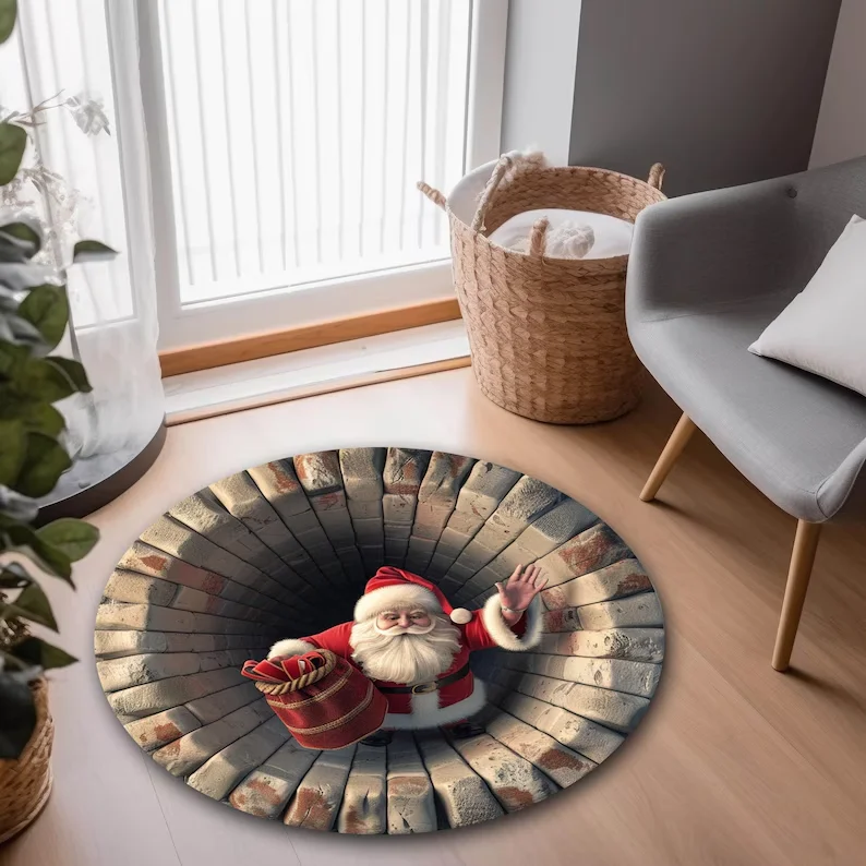 Dywan świąteczny 3D z motywem Świętego Mikołaja do salonu Czerwony