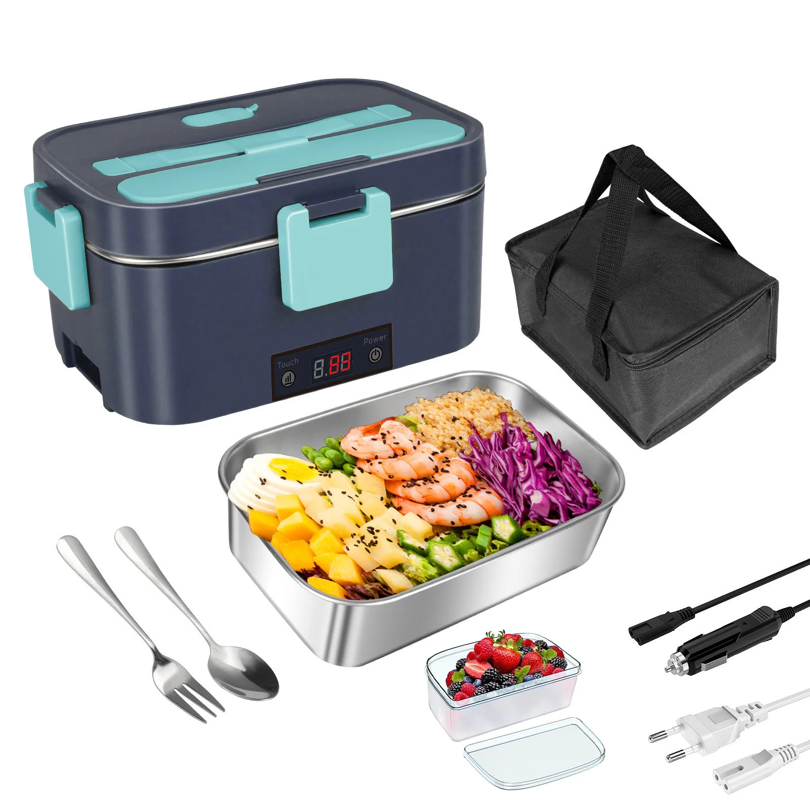 Elektryczny lunch box podgrzewany 2 w 1 z wkładem ze stali nierdzewnej 80w 2l