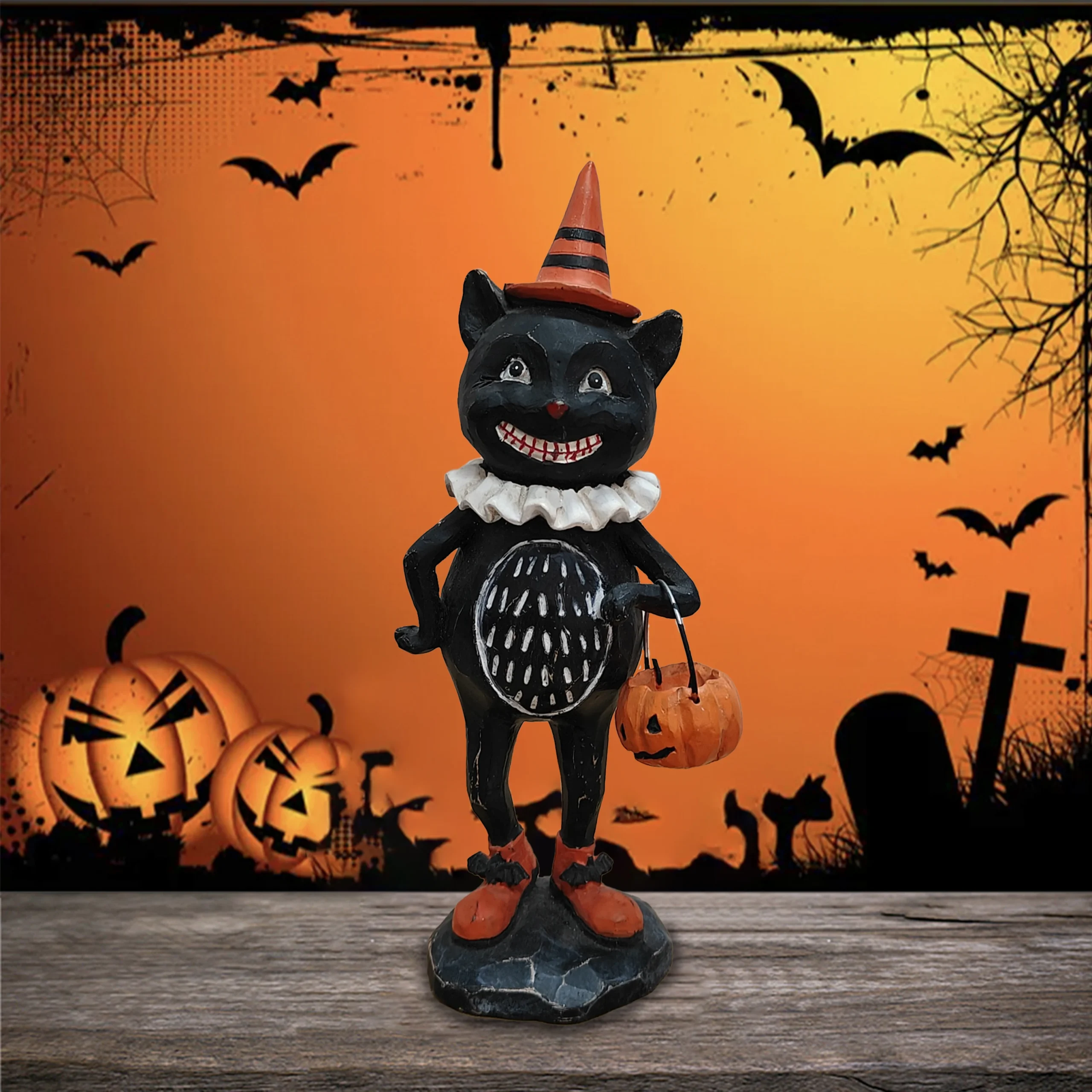 Żywiczna figurka Halloweenowa dynia z sową i czarnym kotem Czarny