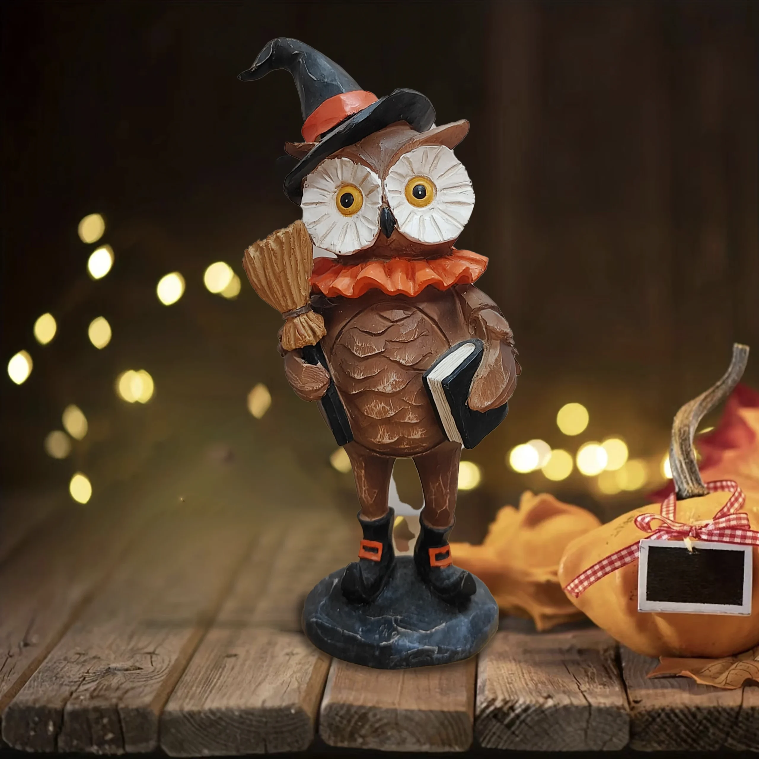 Figurka halloweenowa kot z dynią i sową żywiczna Brązowy