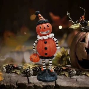 Figurka halloweenowa kot z dynią i sową żywiczna Pomarańczowy