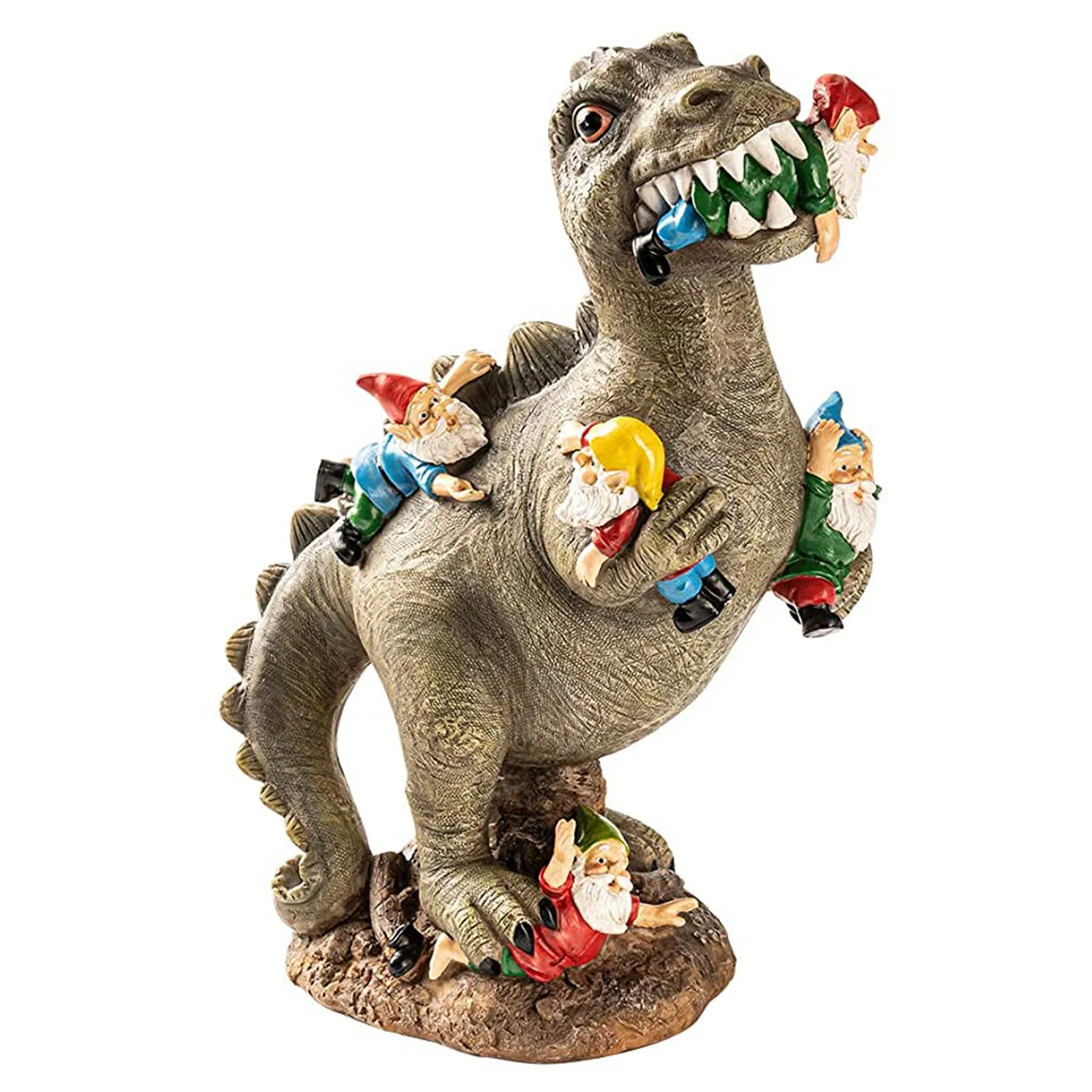 Figurka ogrodowa skrzat zjadany przez dinozaura Szary