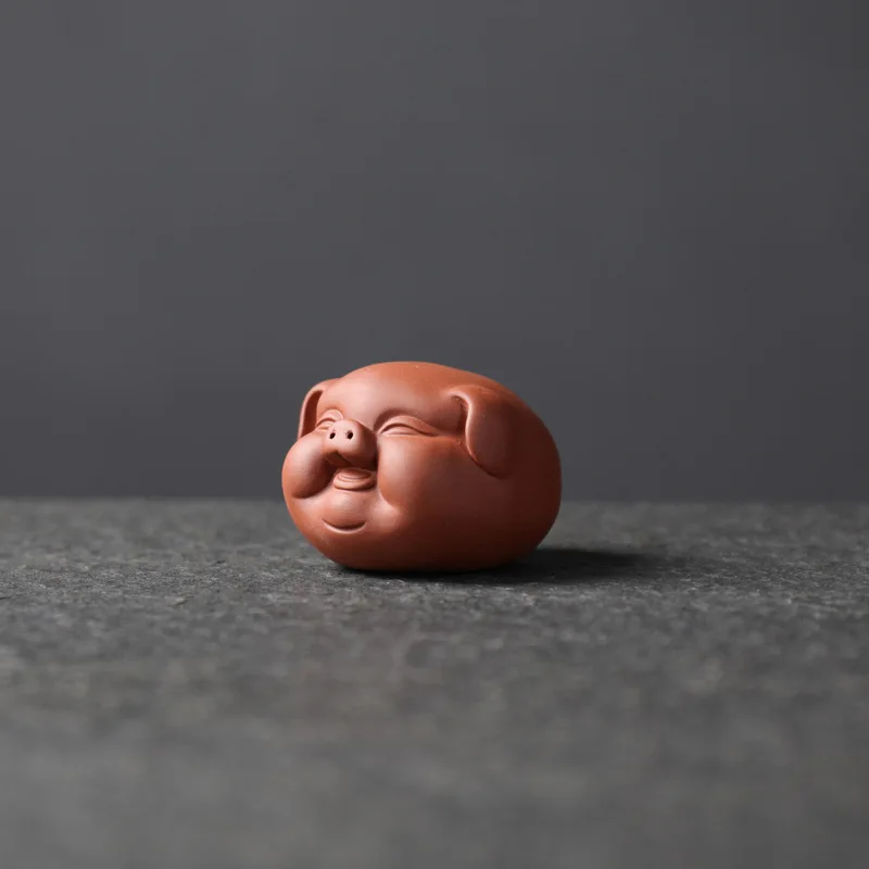Figurka świnki tea pet z fioletowej gliny – ozdoba stołu do herbaty Brązowy