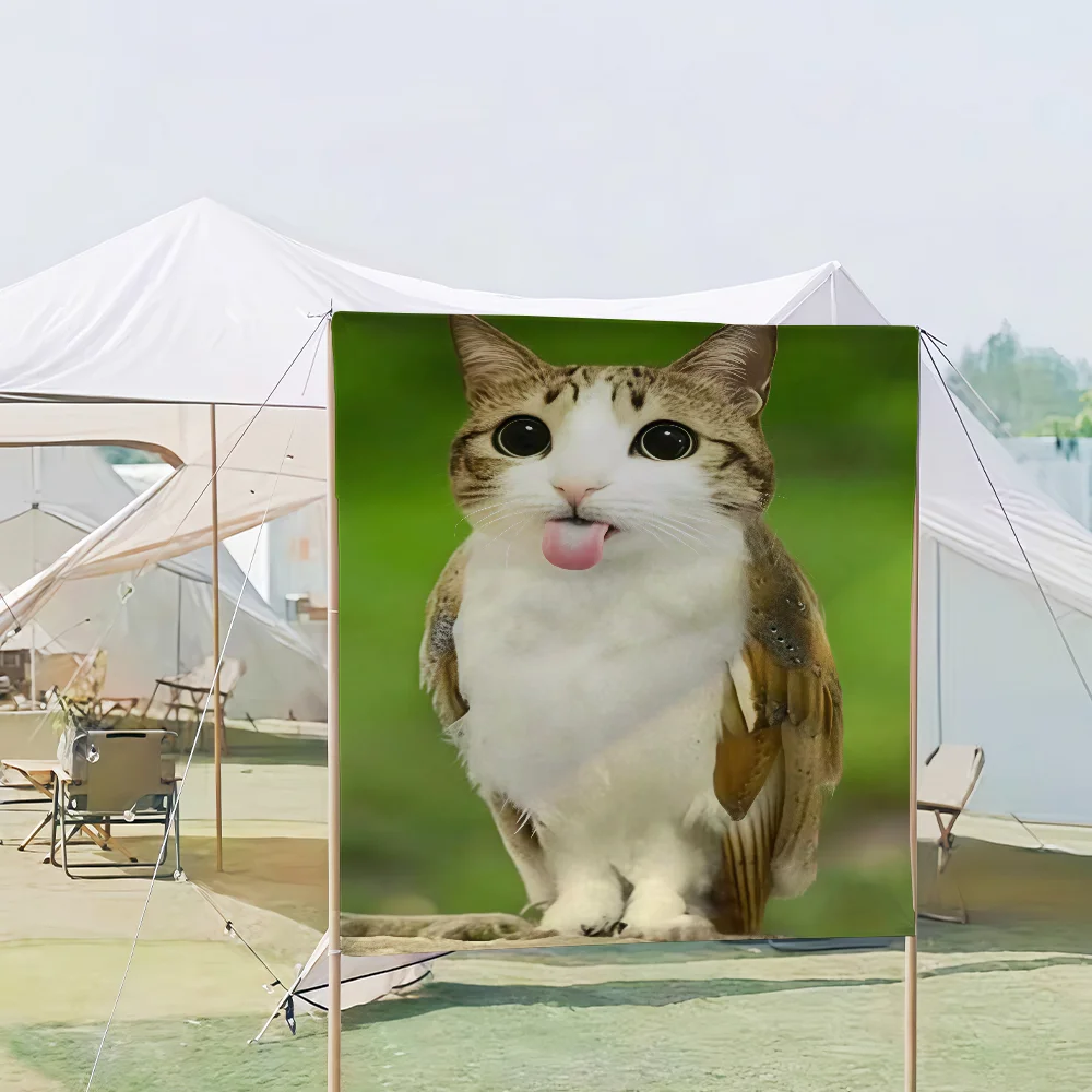 Flaga z kotem-sową Meowl - dekoracja na piknik i imprezę Niebiesko biały paska