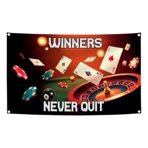 Flaga motywacyjna WINNERS NEVER QUIT — dekoracja pokoju lub baru Kamuflaż