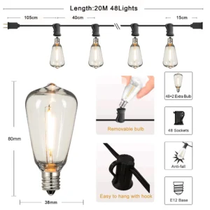 Girlanda żarówkowa zewnętrzna LED, wodoodporna do ogrodu M 48sockets
