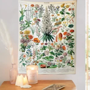 Gobelin boho grzyby i kwiaty – dekoracja ścienna w stylu cottagecore Brązowy