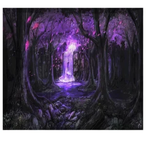 Gobelin fantasy z drzewem życia i zamkiem w lesie Brązowy