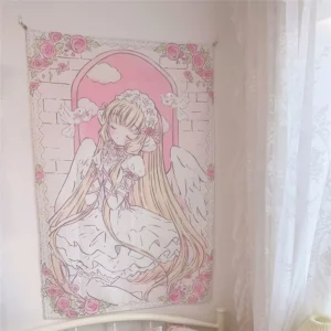 Gobelin kawaii anime girl – różowa dekoracja ścienna do pokoju dziewczęcego Czarny