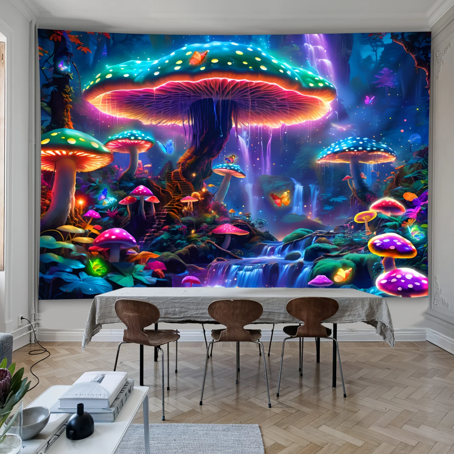 Gobelin Magiczny Las z Grzybami – dekoracja w stylu fantasy Niebieski