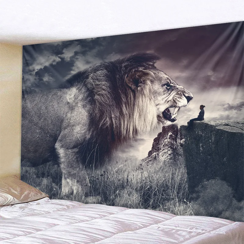 Gobelin mandala dzikie zwierzęta – lew tygrys leopard dekoracja boho Ciemny szary