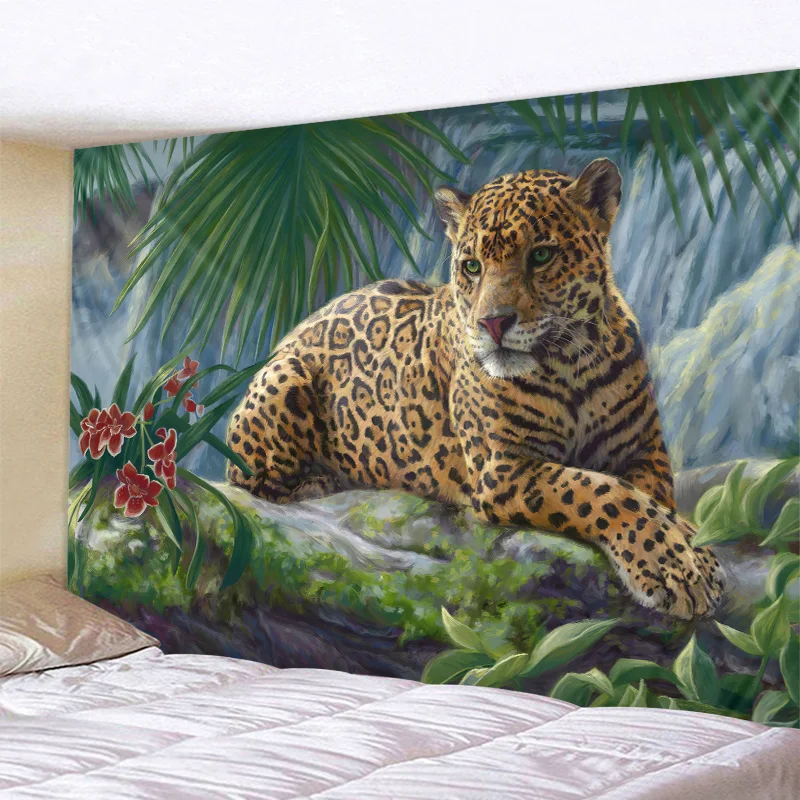 Gobelin mandala dzikie zwierzęta – lew tygrys leopard dekoracja boho Czarny