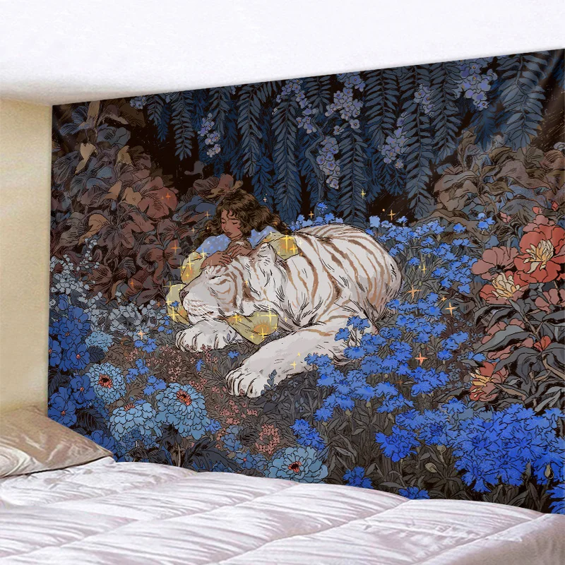 Gobelin mandala dzikie zwierzęta – lew tygrys leopard dekoracja boho Niebieski
